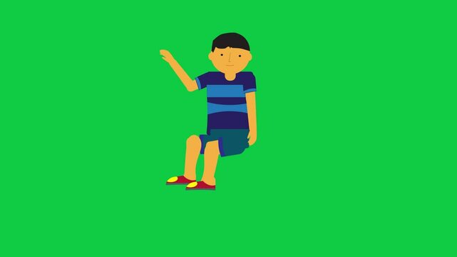 Character sitting and waving in a clean green screen animation suitable for compositing and motion graphics use.