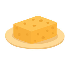 Vector cartoon illustration of a cheese block on a plate. Simple, cute and bright food doodle.