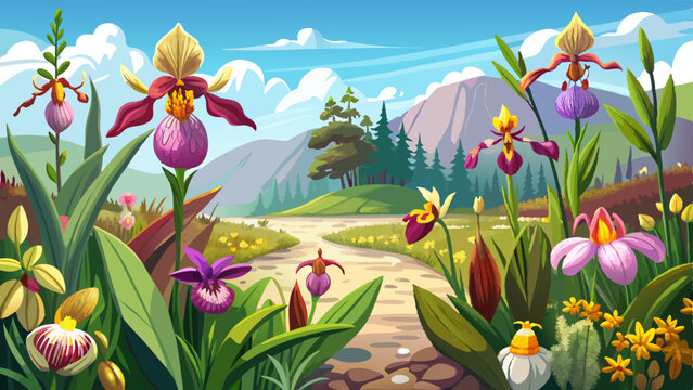 beautiful scene of flowers in spring. wild orchids: ophrys papilionacea and orchid italica in its natural environment. Extemadura, Spain