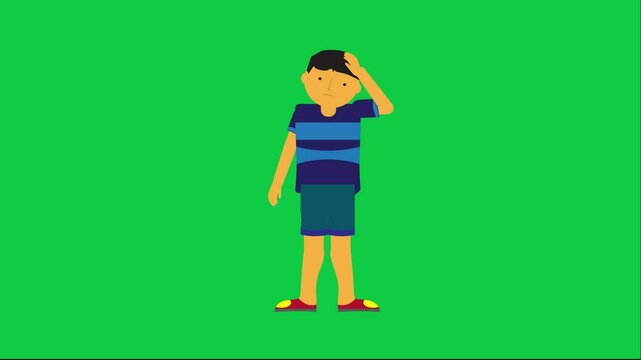 Character showing frustration or confusion with a hand on the head in a loopable green screen animation for easy compositing and motion graphics use.