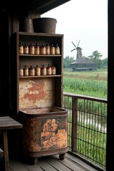 Apothecary cabinet on porch, jars displayed, farm, windmill, cornfield background