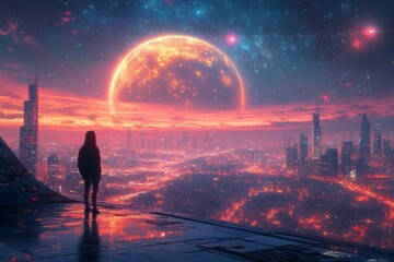 Awe-inspiring futuristic cityscape at sunset with a fiery planet