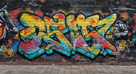 Obraz premium Colorful urban street art graffiti on brick wall with dynamic lettering in vibrant hues.