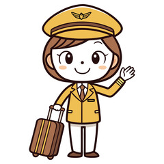 Cheerful Cartoon Woman Pilot Waving with Suitcase on Transparent Background