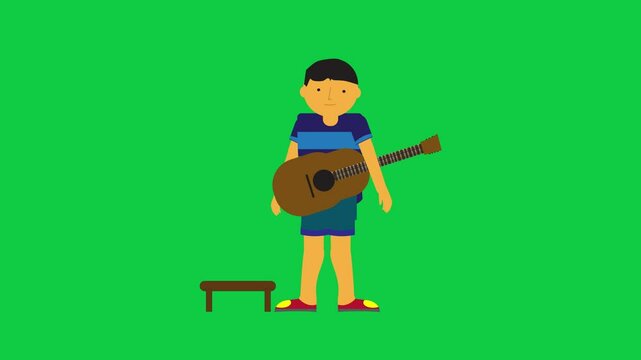 Character lifting a guitar from a stool in a loop able green screen animation designed for easy compositing and motion scenes.