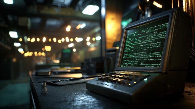 Retro computer coding, dark office, night, blurred background, tech illustration