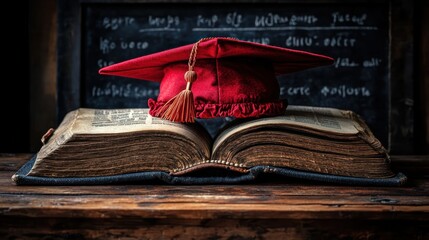 Red graduation cap on antique book, classroom background; education concept
