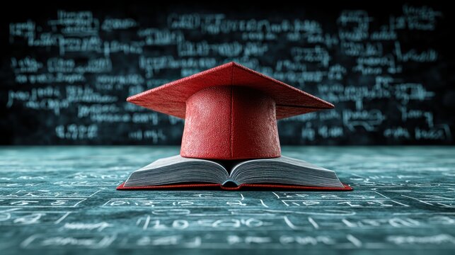 Graduation cap on book, math equations background, education concept