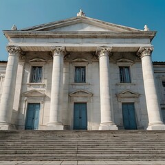 Obraz premium classical architecture with white stone facade, columns and stairs, front view under blue sky