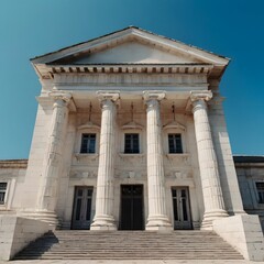 Obraz premium classical architecture with white stone facade, columns and stairs, front view under blue sky