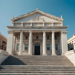 Obraz premium classical architecture with white stone facade, columns and stairs, front view under blue sky