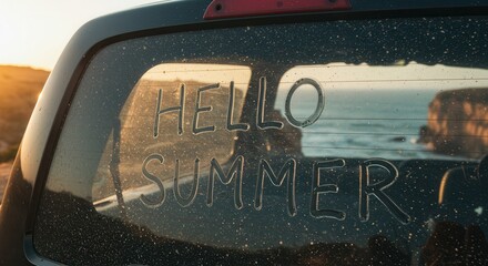 Car window with hello summer message at sunset by the beach.