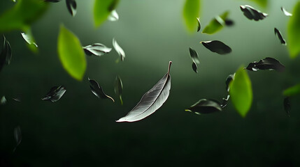 Flying Leaves Against Dark Background
