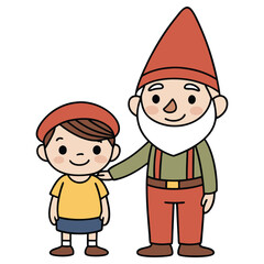Cartoon Gardener Gnome Touches Boy's Shoulder with Kindness on Transparent Background
