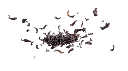 Black Darjeeling Tea Dried Leaves Flying Isolated on White Background – Premium Loose Tea for Beverage, Tea Leaves, and Culinary Design