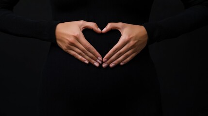 Woman's hands forming heart on belly, black background