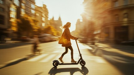 Woman riding e-scooter at sunset, city street, blurred background, urban transport