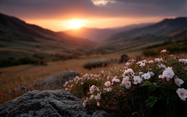  a beautiful sunset over a field of wildflowers with mountains in the background The sky is painted with a mix of vibrant oranges, pinks, and purples, and the sun i