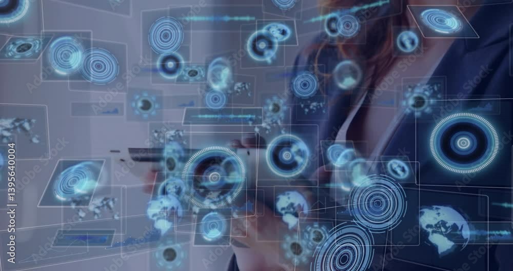 Poster using smartphone, businesswoman viewing digital data animation in office setting