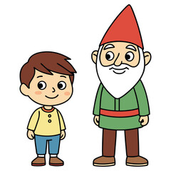 Cartoon Boy and Gnome with Red Hat Standing on a Transparent Background