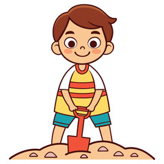Cartoon Boy Digging Sand with Shovel Isolated on Transparent Background