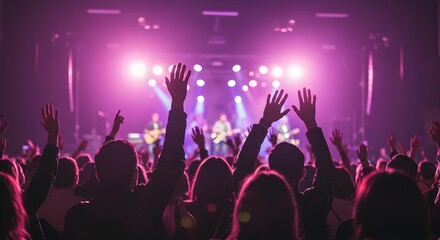 A lively concert scene with a crowd of people raising their hands in excitement.