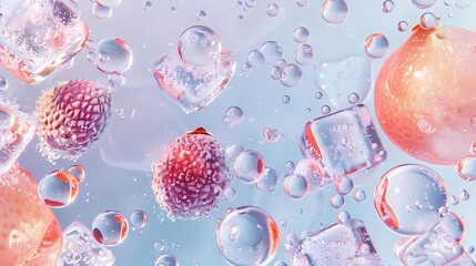 An overhead shooting ,light blue and peach pink bubbles, with a lychee and ice cubes in the water, Generative AI illustrations.