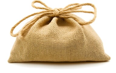 Closeup of a Tied Burlap Sack Bag on White Background