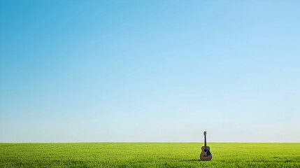 Acoustic Guitar In A Green Meadow Under A Blue Sky