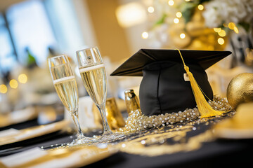 Graduation party table arrangement featuring a cap, diploma, champagne glasses, and golden decorations
