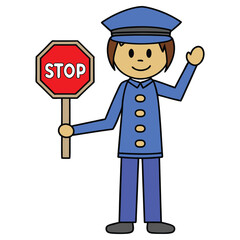 Cartoon man in blue uniform holds a Stop sign on a transparent background