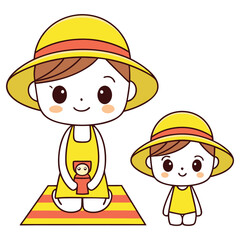 Cute Anime Style Girl with Doll & Child Wearing Yellow Hat on White Background