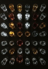 Assorted liquor and ice in various glasses on dark surface.