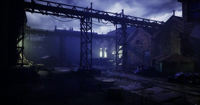 Dark and foggy atmosphere surrounds an abandoned warehouse, with scattered debris and dim lights piercing through the mist. The setting heightens the feeling of desolation.
