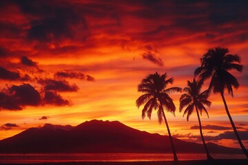 Obraz premium Fiery sunset over tropical island