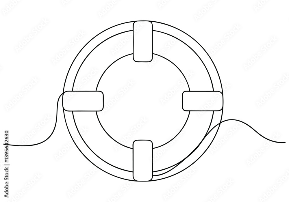 Poster one continuous line drawing of a lifebuoy in a minimalist vector style symbolizing safety and water 