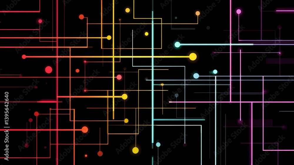 Poster abstract network connections - colorful lines and dots on a black background, representing network c