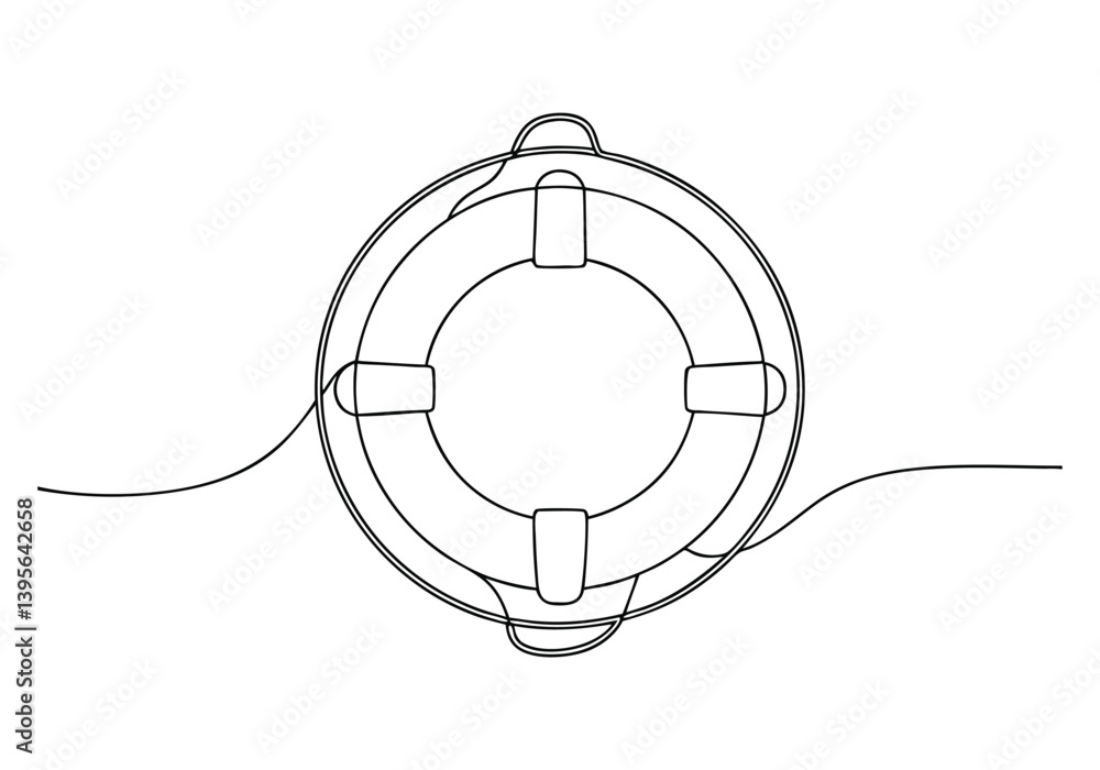 Poster one continuous line drawing of a lifebuoy in a minimalist vector style symbolizing safety and water 