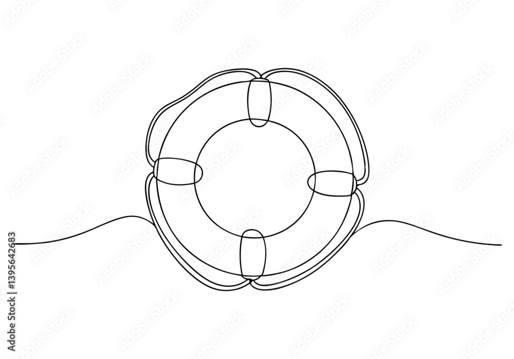 Poster one continuous line drawing of a lifebuoy in a minimalist vector style symbolizing safety and water 