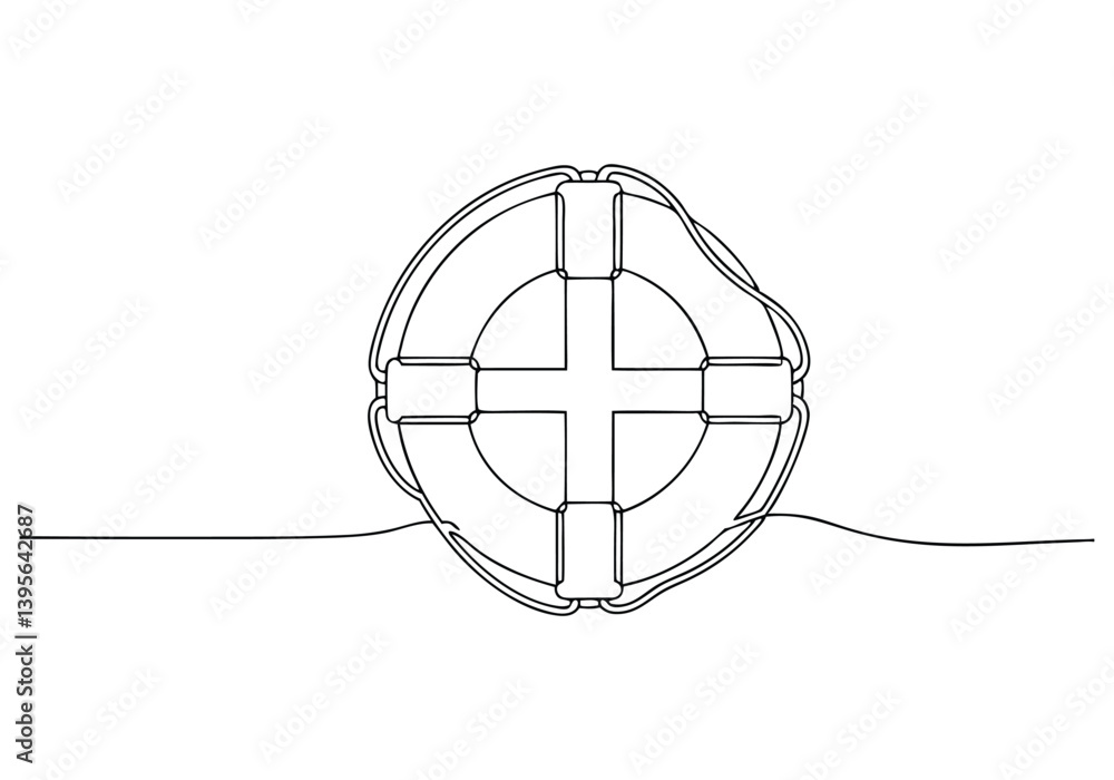 Poster one continuous line drawing of a lifebuoy in a minimalist vector style symbolizing safety and water 