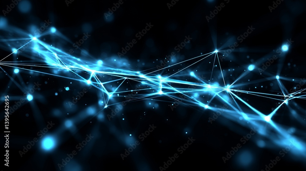 Aufkleber abstract network connections - glowing blue network nodes and lines connect in a dark background, id