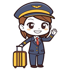 Cheerful Cartoon Pilot Waving with Yellow Suitcase on Transparent Background