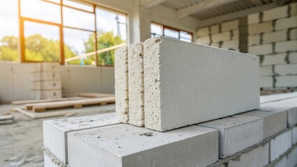 Construction site with stacked autoclaved aerated concrete blocks in sunlit room.