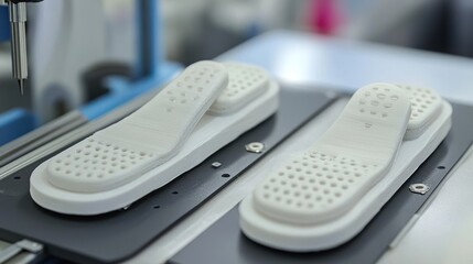 Close-up view of white shoe soles on a manufacturing line, showcasing production process and equipment