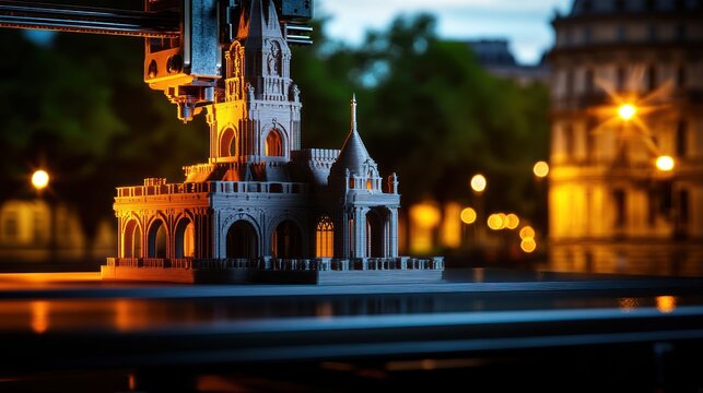 3D printer creating detailed architectural model at night with city lights in the background