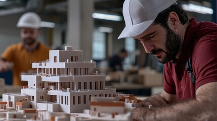 Architect examining detailed building model in workshop, surrounded by colleagues and tools