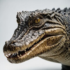 Obraz premium Close-up of an alligator’s face with sharp teeth on a white background