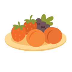 Flat plate with apricots, strawberries and grapes. Colorful summer doodle illustration for picnic theme.