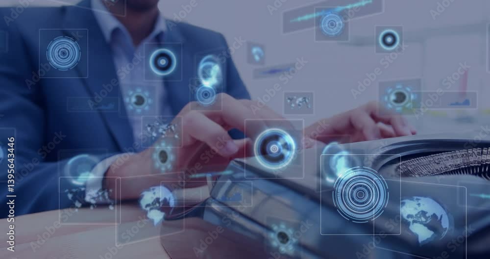 Poster typing on laptop, business professional with digital data processing animation overlay