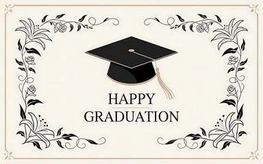 Graduation cap and floral border with happy graduation message card